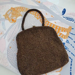 Joseph Horne Pittsburgh Belgium Brown Beaded Evening Bag Handle Twist Top Lock - Picture 1 of 24