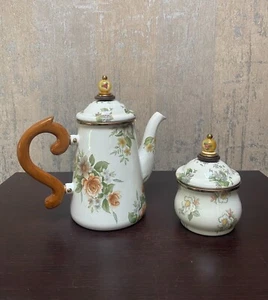 1995 Camp MacKenzie Child Ltd. Beige Floral Enamelware 2pc Tea Pot and Sugar - Picture 1 of 11