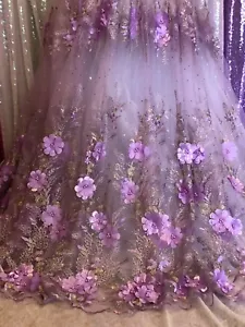 Light purple mesh floral wedding sparkly lace. 3D roses, beaded, stretch. BTY - Picture 1 of 7