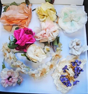 VINTAGE MILLINERY CLOTH FLOWERS LOT OF 10 PIECES - Picture 1 of 7