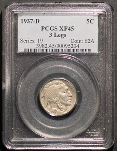 3 Legs 1937-D 5C Indian Head Buffalo Nickel XF 45 PCGS # 90095204 + Bonus - Picture 1 of 4