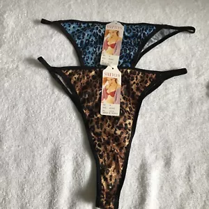Stretchy. , Brown, Blue. Leopard print. 2 pack Thongs. Size M 6. New - Picture 1 of 6