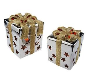 S/2 Christmas Porcelain Gift Box Star Luminaries Flameless Candle W/Timer 