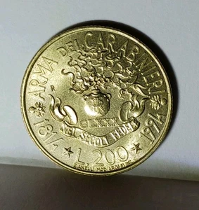 HIGH GRADE 1814 1994 ITALY ITALIAN 200 LIRE CARABINIERI COIN CURRENCY - Picture 1 of 15
