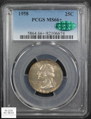 1958 George Washington Silver Quarter 25C PCGS MS 66+ Plus CAC BEAUTIFUL TONING - Image 1 of 4