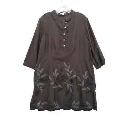 Coldwater Creek Tunic Dress Brown Silk Blend Embroidered Floral 3/4 Sleeve L - Image 1 of 4