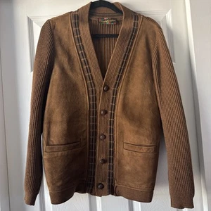 Vintage Glenhusky of Scotland Wool and Suede Knit Cardigan / Jacket- Size Medium - Picture 1 of 20
