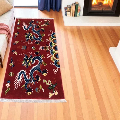 Antigua alfombra de lana tibetana anudada a mano 3x6 pies - diseño nepalí dragón rojo y nubes Foto 1 de 4