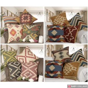 Indian Handwoven 4 Set of 18" Wool Jute Pillow Cover, New Sofa Décor Cushions - Picture 1 of 33