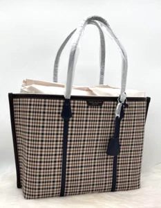 AUTH NWT Tory Burch Perry Plaid Triple Compartment Canvas Tote In Multi/ Gold - Picture 1 of 12