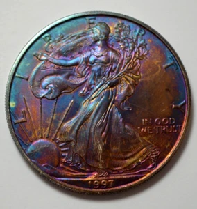 1997 American 1 Oz 999 Silver Eagle Dollar KEY DATE Golden Toned UNC Coin, NR $ - Picture 1 of 3