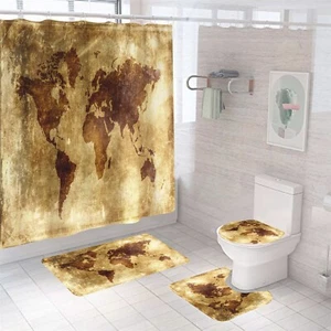 World Map Shower Curtain Bathroom Rug Set Bath Mat Non-Slip Toilet Lid Cover - Picture 1 of 11