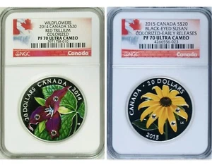 2 monete canadesi fiori selvatici trillium rosso e occhi neri Susan 1 oz NGC PF70 UC ER - Foto 1 di 8