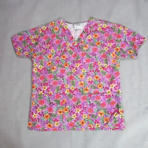Crest Cottons Scrub Top Womens Large Short Sleeve Floral Graphic Nurse Medical - Picture 1 of 9