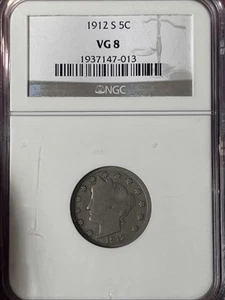 1912 S LIBERTY V NICKEL NGC VG 8 NICE & ORIGINAL WITH A LOW MINTAGE OF 238,000 - Picture 1 of 3