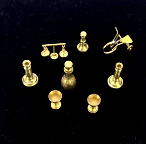 Vintage Brass Miniature Dollhouse Dining Room Wine Bottle Cups Scales Tricycle - Picture 1 of 12