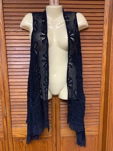 JOHNNY WAS L BLACK CROCHET EYELET OPEN TOPPER WATERFALL VEST LAYERING WRAP - Picture 1 of 6