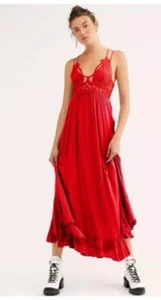 NWT Free People Adella Maxi Slip Dress Bright Red Crochet Strappy M MSRP $148 - Picture 1 of 12