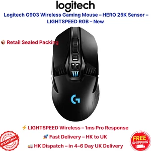 Logitech G903 Wireless Gaming Mouse with HERO 25K Sensor and RGB LIGHTSPEED -New - Picture 1 of 5