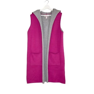 Oliver Vest Duster Cardigan Womens Large Pink/Gray Pockets Lagenlook Hooded - Picture 1 of 11