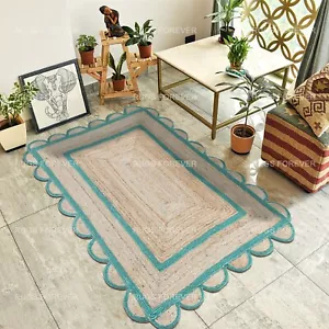 Scalloped Natural Jute Carpets Living Room Green Kilim Handmade Runner Area Rugs - Picture 1 of 66