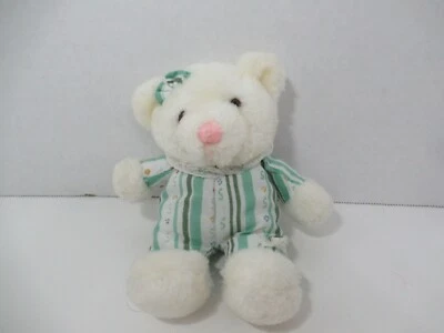 Plush small white teddy bear striped green pajamas outfit bow pink nose - Image 1 of 3