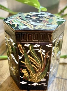 Piccolo portagioie vintage cinese drago e fenice smaltato cloisonné esagonale - Foto 1 di 10