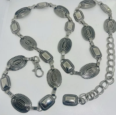 Silver Tone Chain Belt Southwestern Boho Link Oval  Rectangle Conchos Cowgirl L - Image 1 of 4