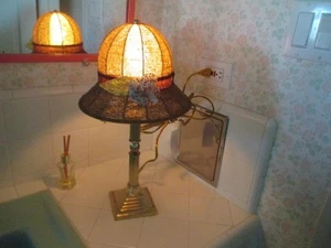 Vintage STYLISH BROWN Beaded Hat LAMP Metal Base LA LADY, Chic Decor 18" - Picture 1 of 8