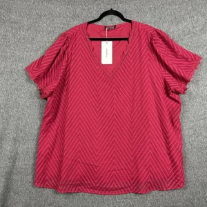 Bloomchic Blouse Womens 26 Pink Chevron Lace V Neck Short Sleeve Plus Size - Picture 1 of 14