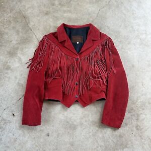 Vintage 90’s Red Suede Leather Fringe Jacket Boho Western Biker Women's Sz S