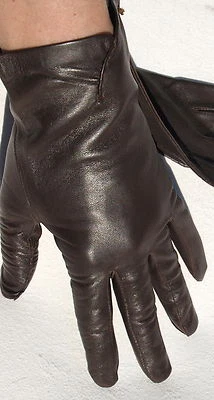 Handschuhe Leder Damen Fein Kaiser Leather Finger ohne Futter Raffung Dk.Braun 7 - Image 1 of 3