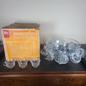 Vintage MCM Hazelware Lexington 6427 Glass Punch Bowl Set w/ 12 Cups - 60s / 70s - Foto 1 di 10