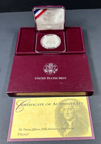 1993 S Thomas Jefferson 250th PROOF Silver Dollar Commemorative $1 Coin Box COA Cover