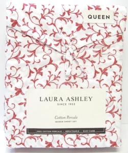 Laura Ashley 4-teiliges Baumwollperkal Laken Set Anna Scroll rot auf weiß Queen - Bild 1 von 1