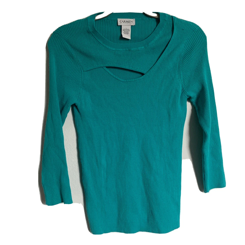 Blusa Carmen Marc Valvo Top Mujer Grande Verde azulado Acanalada Elastizada Cuello Corte Foto 1 de 4