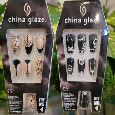 2x Esmalte de China Uñas Largas Ovaladas Gótico Francés Manicura Telaraña ESQUELETO Calaveras Foto 1 de 4