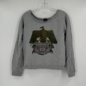 Stussy Womens Gray Gold Bird Boom Box Graphic Long Sleeve Sweatshirt Sz L - Picture 1 of 5