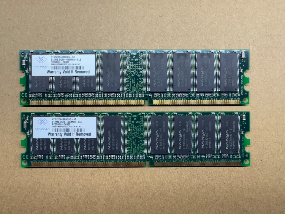1GB (2x512MB) PC3200 DDR-400 RAM Kit NANYA NT512D64S8HC0G-5T CL3 DDR1 - Image 1 of 1