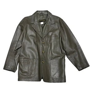 VINTAGE Genuine LEATHER Boulevard Club Olive Green Retro Coat Jacket Mens Medium - Picture 1 of 6