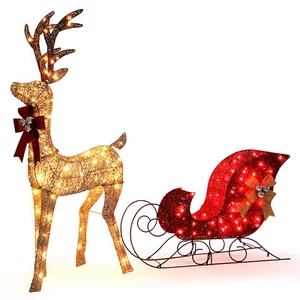 2 Piece Large Lighted Christmas Reindeer & Sleigh Pre-lit Gold with 160 LED F3J9 - Picture 1 of 9