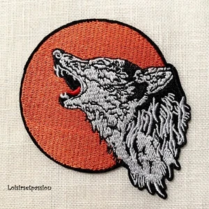 ÉCUSSON PATCH thermocollant, LOUP PLEINE LUNE, orangé ** 7,5 x 7,5 cm ** - Picture 1 of 1
