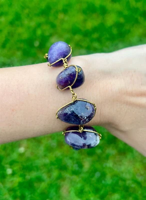 Wire Wrapped Amethyst Bracelet – 7 Stones – Brass Toggle – 8½" Length - Image 1 of 4