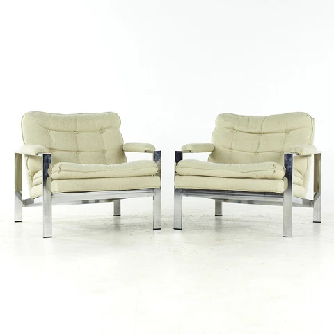 Milo Baughman Style Mid Century Italian Flatbar Lounge Chairs - Pair Cover