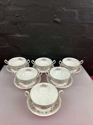 6 x Paragon Meadowvale Soup Coupes / Handled Bowls and Saucers / Stands Set - Image 1 of 4