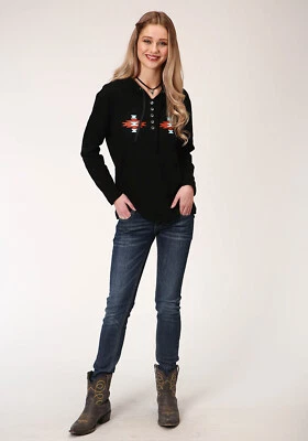 Sudadera con capucha Roper para mujer negra 100 % algodón azteca Henley L/S Foto 1 de 4