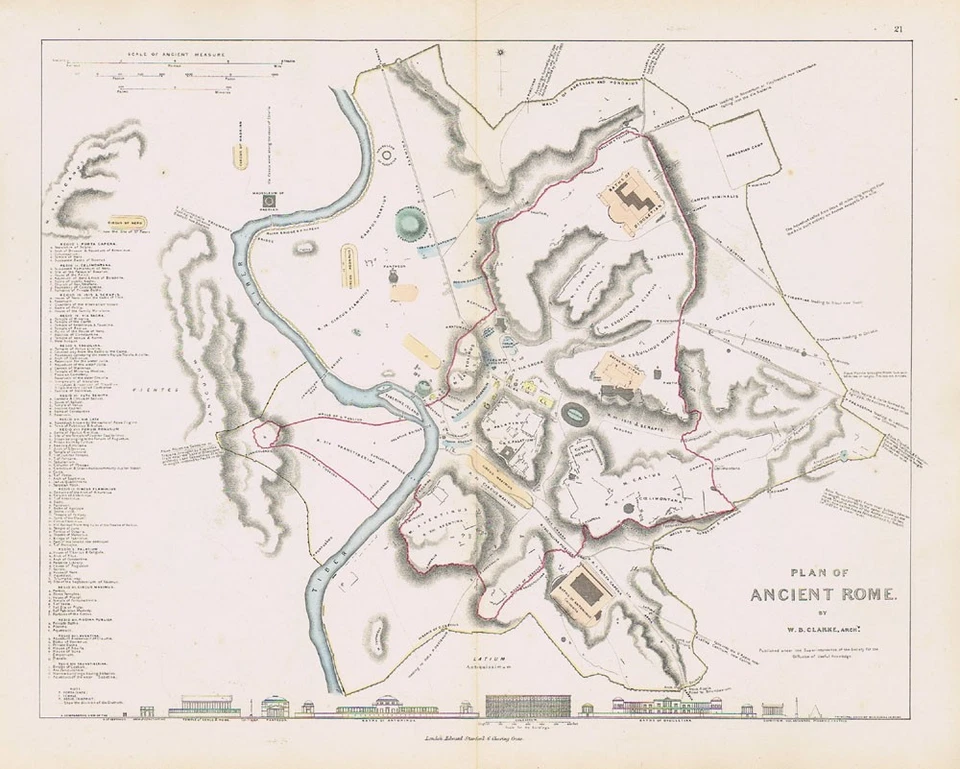 Mapa antiguo plano de la antigua ROMA de WB Clarke 1874 Pub. Edward Stanford Foto 1 de 1