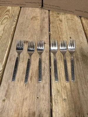 6 Vintage MCM Oneida 1881 Rogers Ltd SPANISH COURT Stainless Dessert Forks 6.25” - Image 1 of 4
