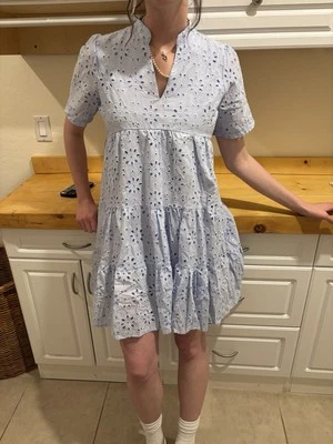 Baby Blue Eyelet cotton Lined Mini Dress Size M - Image 1 of 2