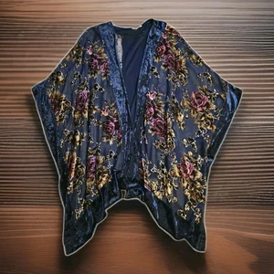 Burnout Velvet Sheer Floral Kimono Duster Poncho Coverup Boho Witchy Fairy OS - Picture 1 of 3